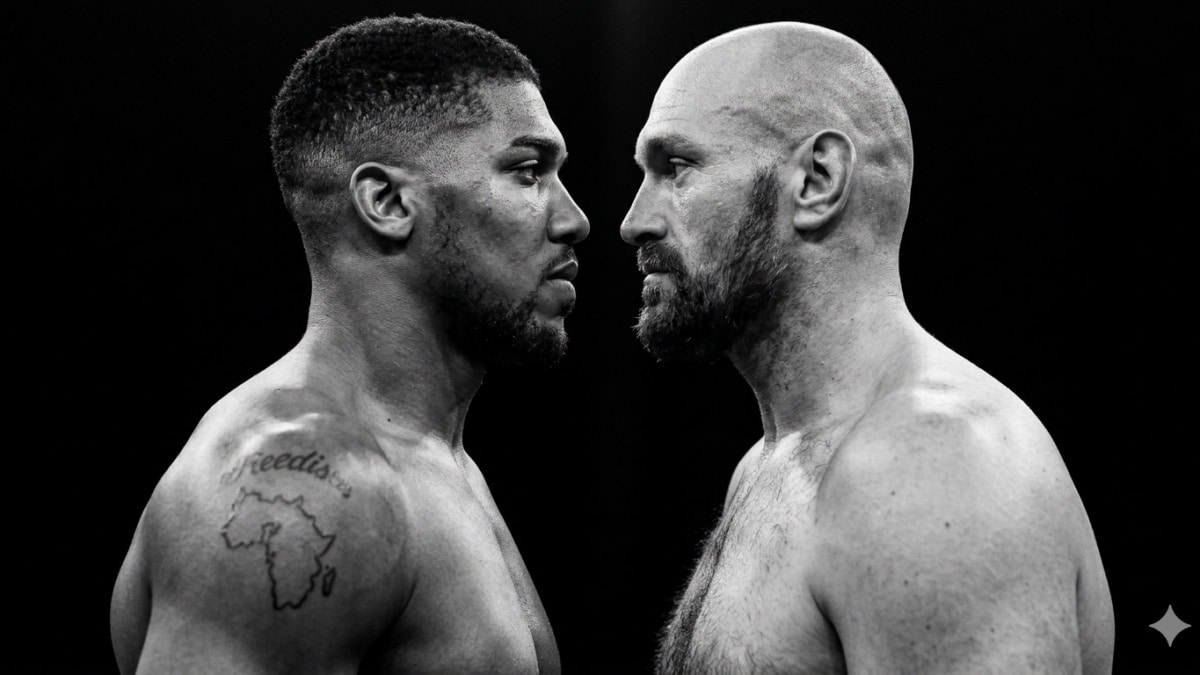 Two muscular men in a face-off, shirtless, noses nearly touching; Africa map tattoo visible on the left man's shoulder.